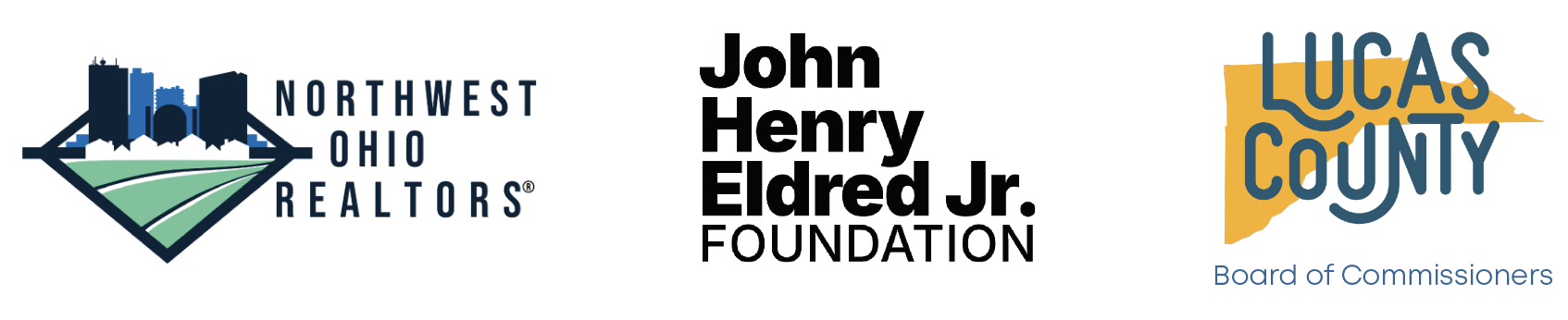 Logos for Northwest Ohio Realtors, John Henry Eldred Jr. Foundation, and Lucas County Board of Commissioners